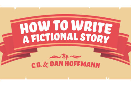 Illustration of a turn-of-the-century scroll of old paper with a red ribbon containing the title "How to Write a Fictional Story" by C.B. & Dan Hoffmann