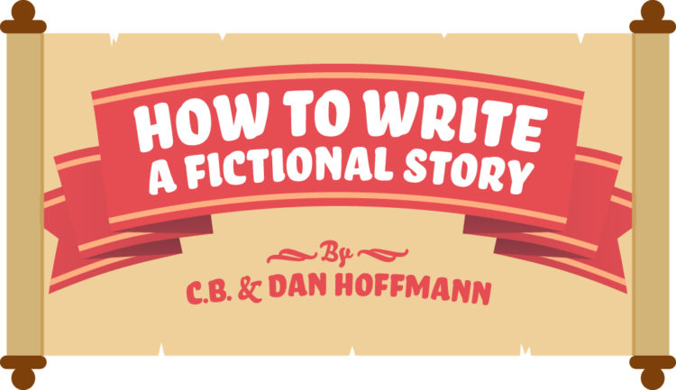 Illustration of a turn-of-the-century scroll of old paper with a red ribbon containing the title "How to Write a Fictional Story" by C.B. & Dan Hoffmann